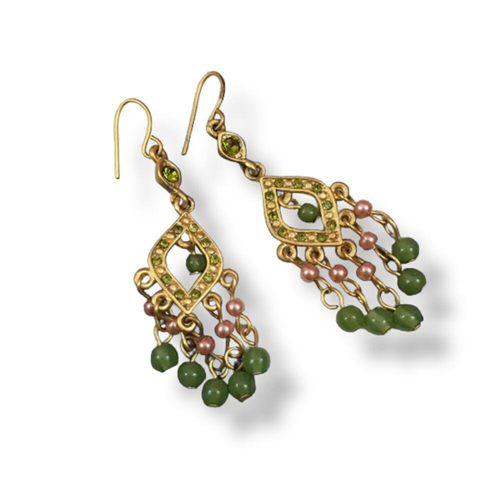 Goldtone Green Pink Beaded Dangle‎ Earrings